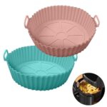 Tekcool Air Fryer Liners I Round Silicone Basket Baking Tray I Pot with Ear Handles I Nonstick Reusable Heat Resistant I Cooking Oven Insert Accessories – Multicolor (8 inch, Pack of 2)