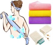 JICOOT African Net Sponge( 2 Pack) & Soap Exfoliating Bag( 2 Pack), Authentic, Real, Exfoliating Bath Wash Cloth, Long Sponge, Body Exfoliator, Shower Bath Accessories, Back Foot Scalp Scrub, Flat Dead Skin Remover