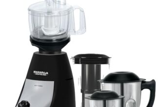 Maharaja Whiteline Joy Turbo 800 W Mixer Grinder With Juicer And Food Processor | Stainless Steel Blades | Cooling Operation | 4 Jars, 7 Blades Atta Kneader, Chop, Whisk, Slice & Shred | Black, Grey