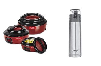 Milton Ernesto Inner Stainless Steel Casserole Set Of 3 (420 Ml, 850 Ml, 1.43 Litres), Red & Milton Atlantis 900 Thermosteel Hot And Cold Water Bottle, 750 Ml, Silver