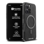 Puloka Magfit Mobile Back Cover – Compatible With Iphone 16 Pro – Mag-Safe Design – Textured Vegan Leather – Electroplated Sides Bumper Case – Camera Protetection & Raised Edges – Black