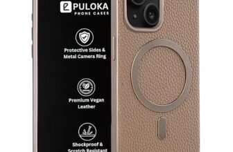 Puloka Magfit Mobile Back Cover – Compatible With Iphone 15 – Mag-Safe Design – Textured Vegan Leather – Electroplated Sides Bumper Case – Camera Protetection & Raised Edges – Apricot