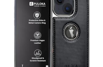 Puloka Chrome Leather Back Case – Compatible With Iphone 15 – Luxury Bumper Case – Flexible Vegan Leather – Electroplated Sides & Logocut – Full Camera Protetection & Raised Edges – Classic Black