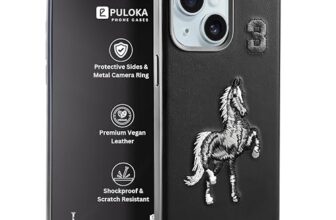 Puloka-Mobile Cover Compatible With Iphone 13-Horse Embroidery -Sleek & Stylish-Protective & Anti Scratch Phone Cover Vegan Leather Back Case -Men & Women-Santa Barbara Polo (Black)
