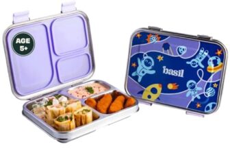 Basil Bento Box – 900 Ml 3-Compartment Stainless Steel Lunch Box For Kids | Leak-Proof Tiffin For School – Blue Space | Super Swoosh