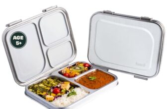 Basil Bento Lunch Box – 900Ml | 3-Compartment Stainless Steel Tiffin | Leak-Proof Lunch Box For Kids, Teenagers & Adults (Grey)