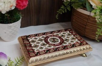 Brahmani Villa 8X5 Meenakari Puja Chowki – Elegant & Artful Addition To Your Sacred Space Handcrafted Wood Pooja Chowki Multicolor Traditional Pooja Chowki For Home And Puja Decor (8 X 5)