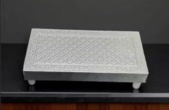 Brahmani Villa 6X3 Inch Silver Coated Wooden Puja Chowki | Small Decorative Pooja Stand For Mandir, Small Decorative Pooja Stand For Mandir, Elegant Puja Articles ( Size- 6X3 )