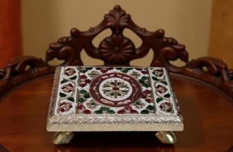 Brahmani Villa 6X4 Small Puja Chowki Mandir Bajot For Home Temple Wooden Puja Chowki Pooja Platform For Mandir And Aarti Use Handcrafted Meenakari Puja Chowki. [Size 6X4]