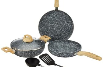Amazon Basics Granite Finish Non Stick 5 Pcs Induction Base Cookware Set-Granito Grey (24Cm Fry Pan, 24 Cm Kadai, 28Cm Tawa And 2 Nylon Spatulas)