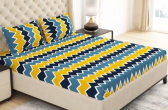 Mollishomes Double Bed Bedsheet, Set Of 1 Microfiber Bedsheet For Double Size Bed With 2 King Size Pillow Cover Set, Blue – Yellow Chevron Design, 220 X225 Cm, Bed Sheet Combo For Home Decor & Gifting