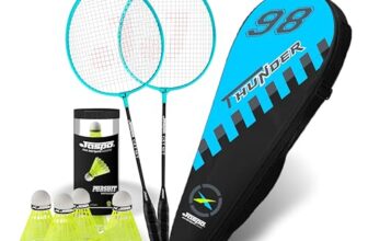 Jaspo Thunder Badminton Kit,Badminton Set Of Metal Alloy Rackets (Set Of 2) With Full Cover Bag, 5 Pcs Plastic Shuttlecocks, Ideal Only For Recreational Play, Designed For Kids & Youngsters (Blue)