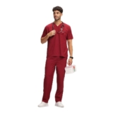 KNYA Men’s V Neck Active Scrub Suit | 5 Pockets Medical Scrub Top & Bottom, Half Sleeves, Uniform for Doctors, Nurses and Dentists | XXL, Maroon