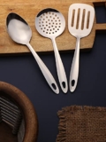 HOMFRO Pack of 3 Stainless Steel Turners/Serving Spoon (Chamcha) & Skimmer ( Jhara) for Cooking & Serving