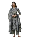 NAINVISH Women’s Rayon Printed Straight V-Neck Kurta Pant with Dupatta (SD685_KBD-S_Black)