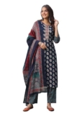 NAINVISH Women’s Blue Printed Straight Rayon V-Neck Kurta Pant with Dupatta (SD694_KBD-XL_Blue)