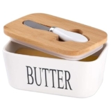 MASHUR FAB Ceramic Butter Dish with Wooden Lid, Large Butter Container Keeper Storage Plate with Steal Butter Knife, Bamboo Cover and Silicone Sealing Ring for West East Coast Butter, White