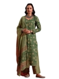 NAINVISH Women’s Green Printed Straight Rayon Sweetheart Neck Kurta Pant with Dupatta (SD692_KBD-S)