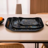 Kuber Industries 3 Pcs Serving Tray Set | Nested Trays for Kitchen-Dining Room or Living Room | Plastic Serving Tray for Tea-Snacks-Breakfast-Dinner | Hexagon Serving Tray Set | Black