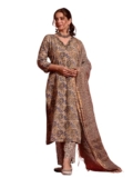 NAINVISH Women’s Rayon Printed Straight V-Neck Kurta Pant with Dupatta (SD687_KBD-XL_Beige)