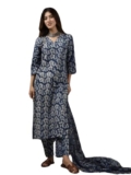 NAINVISH Women’s Indigo Printed Straight Rayon V-Neck Kurta Pant with Dupatta (SD693_KBD-L)