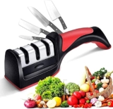 FLYNGO Manual Knife Sharpener 3 Stage Sharpening Tool for Ceramic Knife and Steel Knives (Red)