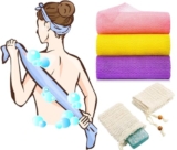 JICOOT African Net Sponge( 2 Pack) & Soap Exfoliating Bag( 2 Pack), Authentic, Real, Exfoliating Bath Wash Cloth, Long Sponge, Body Exfoliator, Shower Bath Accessories, Back Foot Scalp Scrub, Flat Dead Skin Remover