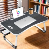 CODEXIAL Technologies PVT LTD. Premium Foldable Wooden Mini Laptop Table for Bed, Smart Study Table with Drawer, Tablet/Mobile/Cup Holder for Kids & Adults (C-BIDDINGS .Black.)