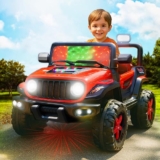 Kidsmate Power Ride Big Battery Operated Car For Kids With Led Lights | Ride On Jeep, 4 Wheel Electric Car With Remote & 12V Rechargeable Battery | Perfect Riding Toy For Boys & Girls Ages 3-8 Yr-Red