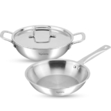 Lifelong Triply Cookware Combo|24Cm Fry Pan (1.5L) & 24Cm Triply Kadhai (2.5L) With Steel Lids|Soft Touch Handles,Even Heat Distribution|Induction & Gas Stove Compatible,2 Count,Silver