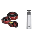 Milton Ernesto Inner Stainless Steel Casserole Set Of 3 (420 Ml, 850 Ml, 1.43 Litres), Red & Milton Atlantis 900 Thermosteel Hot And Cold Water Bottle, 750 Ml, Silver