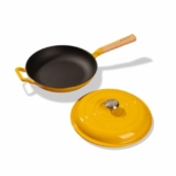 Cumin Co. Cast Iron Pan| Free Spatula, Sponge And Holder | 2.5L Pan | Patented Technology | Non Stick, Rust Free & Heavy Duty Frying Pan|Induction Safe | Beechwood Handles | Mustard Colour | Iron Lid