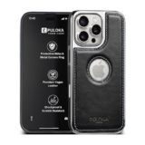 Puloka Chrome Leather Back Case – Compatible With Iphone 16 Pro- Luxury Bumper Case – Flexible Vegan Leather – Electroplated Sides & Logocut – Full Camera Protetection & Raised Edges – Black
