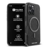 Puloka Magfit Mobile Back Cover – Compatible With Iphone 16 Pro – Mag-Safe Design – Textured Vegan Leather – Electroplated Sides Bumper Case – Camera Protetection & Raised Edges – Black