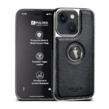 Puloka Chrome Leather Back Case – Compatible With Iphone 15 – Luxury Bumper Case – Flexible Vegan Leather – Electroplated Sides & Logocut – Full Camera Protetection & Raised Edges – Classic Black