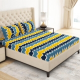 Mollishomes Double Bed Bedsheet, Set Of 1 Microfiber Bedsheet For Double Size Bed With 2 King Size Pillow Cover Set, Blue – Yellow Chevron Design, 220 X225 Cm, Bed Sheet Combo For Home Decor & Gifting