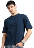 Alan Jones Clothing Men Cotton Blend Oversized Solid T-Shirt | Premium Heavy Fabric | Crew Neck Casual Wear (Blue_M)