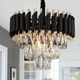 Desidiya Black Mamba Modern Crystal Pendant Light 3 Tiers Black And Gold Fixtures 16” Round, Stainless Steel Tube Crystal Golden Finish Exqusite Design Pendant For Home And Office (400Mm)