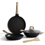 Lifelong 3 Piece Die-Cast Cookware Set With Coomon Lid | 2.2L Kadhai With Lid 24Cm | 1.4L Fry Pan 24Cm | 1.2L Tawa 28Cm | Induction & Gas Compatible | Non-Riveted Handle | Pfoa-Free Non-Stick Coating
